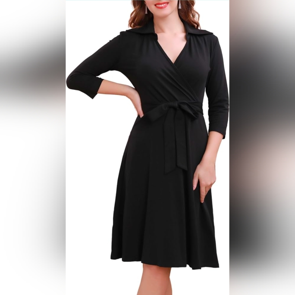 Black faux wrap swing dress, XL, no belt